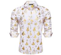 Barry.Wang Men's Christmas Shirts Luxury Gold Shiny Dress Shirts Print Long Sleeve for Men Party Festival Halloween Print Tops Xmas