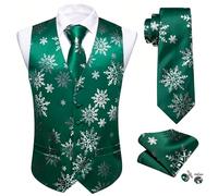 Barry.Wang Mens Christmas Suit Vest Green Silver Snowflake Waistcoat Tie Set Festival Party