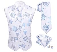 Barry.Wang Mens Christmas Suit Vest White Blue Snowflake Waistcoat Tie Set Festival Party