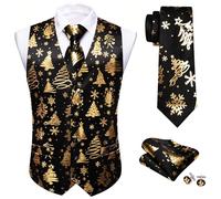 Barry.Wang Mens Christmas Vest Black Gold Xmas Tree Holiday Suit Waistcoat Tie Set New Year Festival