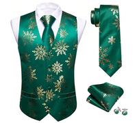 Barry.Wang Mens Christmas Vest Green Gold Xmas Snowflake Holiday Funny Suit Waistcoat Tie Set New Year Festival