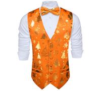 Barry.Wang Mens Christmas Vest Red Green Xmas Tree Snowman Snowflake Festival Suit Waistcoat Bow Tie Set Holiday, Orange Gold, Large