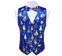 Barry.Wang Mens Christmas Vest Red Green Xmas Tree Snowman Snowflake Festival Suit Waistcoat Bow Tie Set Holiday, Blue Gold, 3XL