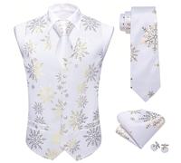 Barry.Wang Mens Christmas Vest White Gold Xmas Snowflake Holiday Waistcoat Tie Set Festival Party