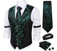 Barry.Wang Mens Dark Green Paisley Waistcoat Lapel Collar Silk Suit Vest