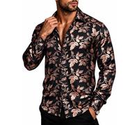 Barry.Wang Mens Disco Shirt Dress Silk Long Sleeve Button Down Regular Fit | Silky Fabric,Shiny,Lightweight,Skin-friendly,Nightclub,Cocktail,70s,Prom,Wedding,Dance,Dating,Dinner,Summer
