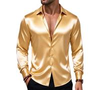 Barry.Wang Mens Disco Shirt Satin Dress Long Sleeve Button Down Nightclub | Shiny Silk Fabric,Regular Fit,Lightweight,Skin-friendly,Disco,Cocktail,70s,Wedding,Dating,Prom,Party