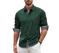 Barry.Wang Mens Dress Shirts Long Sleeve Button Down Business Formal Shirt Collar Cuff Contrast Casual Dark Green Shirt Party