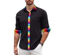 Barry.Wang Mens Dress Shirts Long Sleeve Button Down Business Formal Shirt Collar Cuff Contrast Casual Black Rainbow Stripes