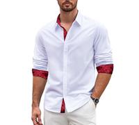 Barry.Wang Mens Dress Shirts Long Sleeve Button Down Business Formal Shirt Collar Cuff Contrast Casual Burgundy Paisley Shirt