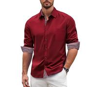 Barry.Wang Mens Dress Shirts Long Sleeve Button Down Business Formal Shirt Collar Cuff Contrast Casual Wine Red Shirt Party