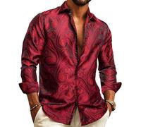 Barry.Wang Mens Dress Shirts Silk Luxury Paisley Big and Tall Long Sleeve Shirt Business Wedding Party Red Black S-3XL