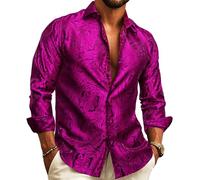 Barry.Wang Mens Dress Shirts Silk Luxury Paisley Big and Tall Long Sleeve Shirt Business Wedding Party Red Black S-3XL