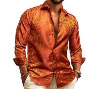Barry.Wang Mens Dress Shirts Silk Luxury Paisley Big and Tall Long Sleeve Shirt Business Wedding Party Red Black S-3XL