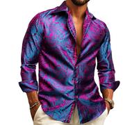 Barry.Wang Mens Dress Shirts Silk Luxury Paisley Big and Tall Long Sleeve Shirt Business Wedding Party Red Black S-3XL