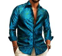 Barry.Wang Mens Dress Shirts Silk Luxury Paisley Big and Tall Long Sleeve Shirt Business Wedding Party Red Black S-3XL