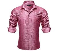 Barry.Wang Mens Dress Shirts Silk Paisley Long Sleeve Button Shirt Casual Floral Shirt Men Wedding Party Red Black S-3XL, Pink, S