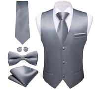 Barry.Wang Mens Formal Business Suit Vest Slim Fit Casual Solid Color Dress Waistcoat Tie Bow Tie Set Wedding Party, Silver Grey, Medium