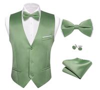 Barry.Wang Mens Formal Business Suit Vest V-neck Slim Fit Casual Solid Color Waistcoat Bowtie Set for Wedding Party Tuxedo, Green Sage Bright, Large