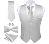 Barry.Wang Mens Formal Business Suit Vest V-neck Slim Fit Casual Solid Color Waistcoat Tie Bowtie Set for Wedding, Silver, Medium