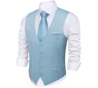 Barry.Wang Mens Formal Suit Vest Striped Casual V-neck Slim Fit Solid Color Waistcoat for Wedding Party Tuxedo, Baby Blue, Medium