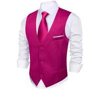 Barry.Wang Mens Formal Suit Vest Striped Casual V-neck Slim Fit Solid Color Waistcoat for Wedding Party Tuxedo, Hot Pink, Medium