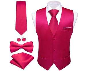 Barry.Wang Mens Formal Suit Vest Tie Bowtie Business Vests Set 5PC, A-hot Pink, XX-L