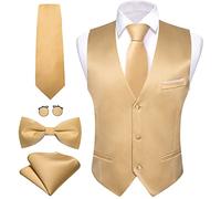 Barry.Wang Mens Formal Suit Vest Tie Bowtie Business Vests Set 5PC, Gold, X-Large