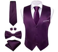 Barry.Wang Mens Formal Suit Vest Tie Bowtie Business Vests Set 5PC, Purple, Medium