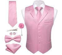 Barry.Wang Mens Formal Suit Vest Tie Bowtie Set 8PC Lapel Collar Casual Slim Fit Waistcoat Wedding Party Tuxedo, Pink, Large