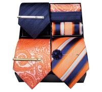 Barry.Wang Mens Gift Box Tie Set 3PCS Silk Stripe Paisley Necktie Pocket Square Cufflinks Lapel Pin Business Wedding, Blue Orange Silver, One size