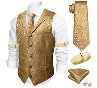Barry.Wang Mens Gold Flower Waistcoat Lapel Collar Paisley Silk Suit Vest tie Sleeve Holder Set Casual Party