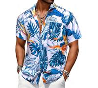 Barry.Wang Mens Hawaiian Shirt Tropical Blue White Floral Short Sleeve Button Down Aloha Shirts Summer Luau Beach Cruise Party Casual Wear