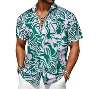 Barry.Wang Mens Hawaiian Shirt Tropical Green White Floral Short Sleeve Button Down Aloha Shirts Summer Luau Beach Cruise Party Casual Wear