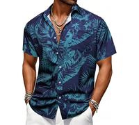 Barry.Wang Mens Hawaiian Shirt Tropical Navy Jungle Leaf Floral Short Sleeve Button Down Aloha Shirts Summer Luau Beach Cruise Party Casual Wear