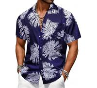 Barry.Wang Mens Hawaiian Shirt Tropical Navy White Floral Short Sleeve Button Down Aloha Shirts Summer Luau Beach Cruise Party Casual Wear