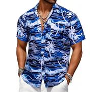 Barry.Wang Mens Hawaiian Shirt Tropical Navy White Wave Floral Short Sleeve Button Down Aloha Shirts Summer Luau Beach Cruise Party Casual Wear