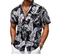 Barry.Wang Mens Hawaiian Shirts Short Sleeve Beach Casual Aloh Summer Button Down Black Tropical Leaf Lightweight Travel Yacht
