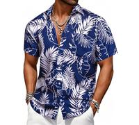 Barry.Wang Mens Hawaiian Shirts Short Sleeve Beach Casual Aloh Summer Button Down Blue Tropical Leaf Lightweight Travel Yacht