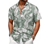 Barry.Wang Mens Hawaiian Shirts Short Sleeve Beach Casual Aloh Summer Button Down Grey Tropical Leaf Lightweight Travel Yacht