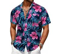 Barry.Wang Mens Hawaiian Shirts Short Sleeve Beach Casual Aloha Summer Button Down Tropical Floral Pink Holiday Travel Yacht