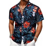 Barry.Wang Mens Hawaiian Shirts Short Sleeve Beach Casual Aloha Summer Button Down Tropical Floral Red Lightweight Holiday