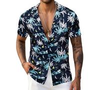 Barry.Wang Mens Hawaiian Shirts Short Sleeve Summer Funky Floral Cuba-Neck Holiday Beach Shirts Blue S-3XL