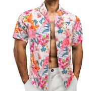 Barry.Wang Mens Hawaiian Shirts Short Sleeve Summer Funky Floral Cuba-Neck Holiday Beach Shirts White S-3XL
