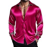 Barry.Wang Men's Hot Pink Shirts Long Sleeve Dress Shirts Stretch Button Down Satin Shirt Formal Casual Business Wedding