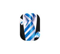Barry.Wang Mens Light Blue White Tie Silk Stripe Necktie Handkerchief Cufflinks Set Formal Wedding