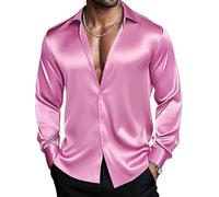 Barry.Wang Men's Light Pink Shirts Long Sleeve Dress Shirts Stretch Button Down Satin Shirt Formal Casual Business Wedding