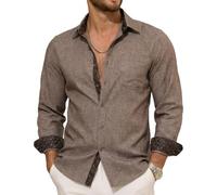 Barry Wang Mens Linen Shirt Button Down Long Sleeve Casual Dress Work Party | Cotton ,Contrast Collar,Pocket,Regular Fit,Breathable,Skin-friendly,Business,Beach,Dating,Summer,Outing,Party,Wedding,Holiday