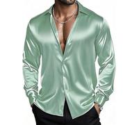 Barry.Wang Men's Mint Green Stretch Solid Shirts Satin Long Sleeve Button Down Dress Shirts Formal Casual Business Prom