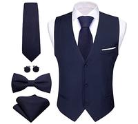 Barry.Wang Mens Navy Blue Waistcoat Formal Business V-neck Slim Fit Vest Bowtie Set for Suit or Tuxedo